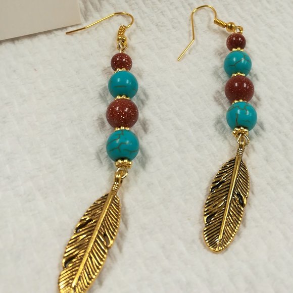 Gold Sandstone and Faux Turquoise Dangle Earrings with Antique Gold Feather - Picture 5 of 7